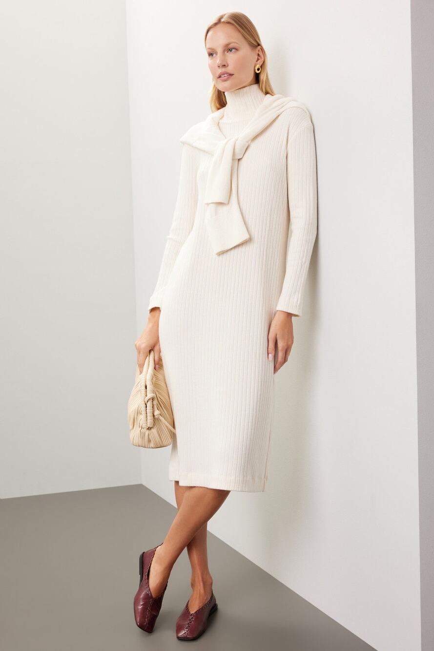 Donni White Ribbed Knit Long Sleeve Turtleneck Sweater Midi Dress Size Large